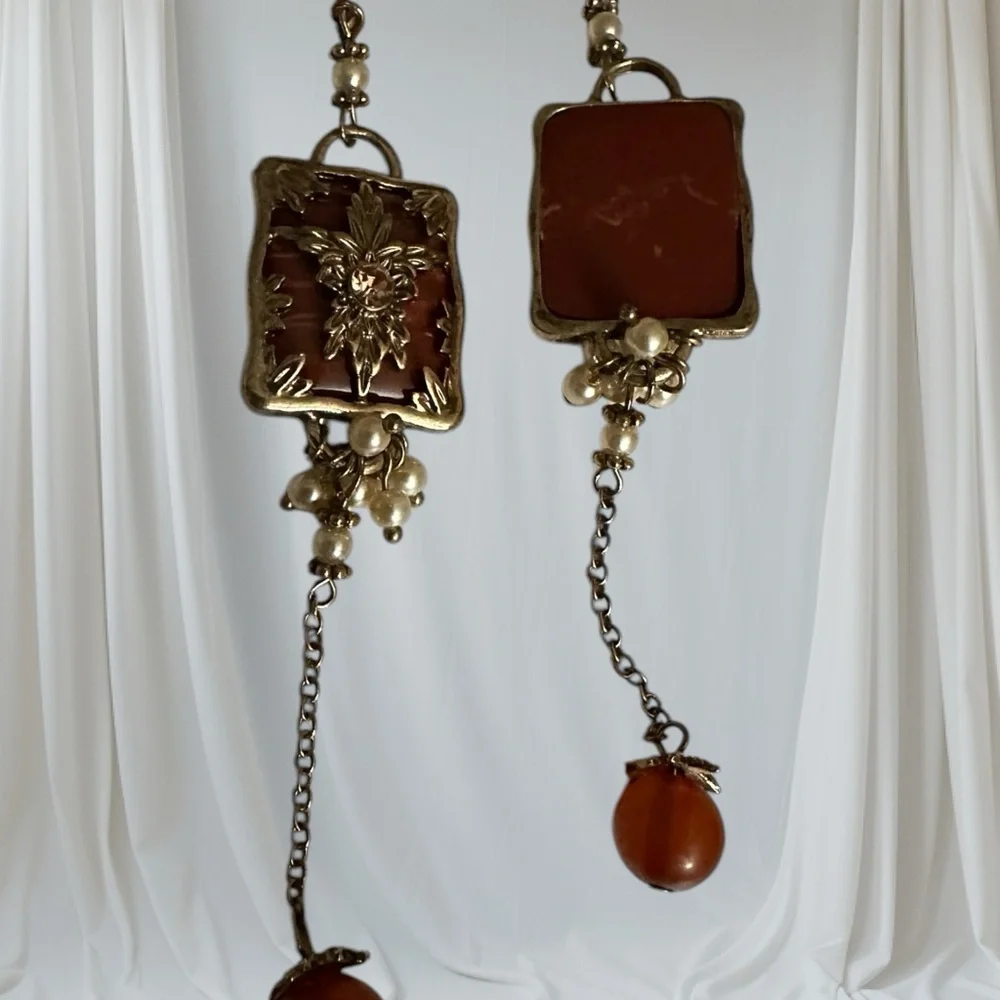 NWT Long Pierced Earrings with faux pearls and brown beads NWOT